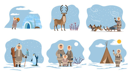 Collection of eskimos people by home made of ice. Igloo and inuit, male character with fish on stick and penguin. Deer with long horns, animal of north. Man with dogs on sleds, vector in flat - obrazy, fototapety, plakaty