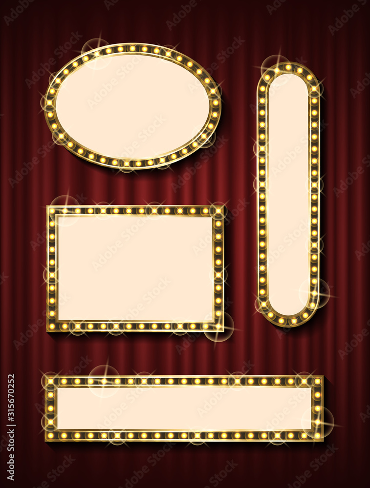 Poster geometrical glowing frame set on red curtain background. empty shape for presentation, rectangle and
