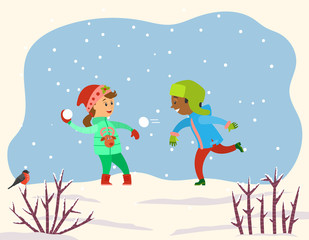 Fototapeta na wymiar Children playing with snow balls together in snowy park or forest. Kids play snowballs, spend time actively doing winter outdoor activity. Landscape with snowflakes and shrubs. Vector illustration