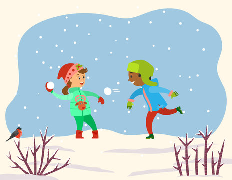 Children playing with snow balls together in snowy park or forest. Kids play snowballs, spend time actively doing winter outdoor activity. Landscape with snowflakes and shrubs. Vector illustration