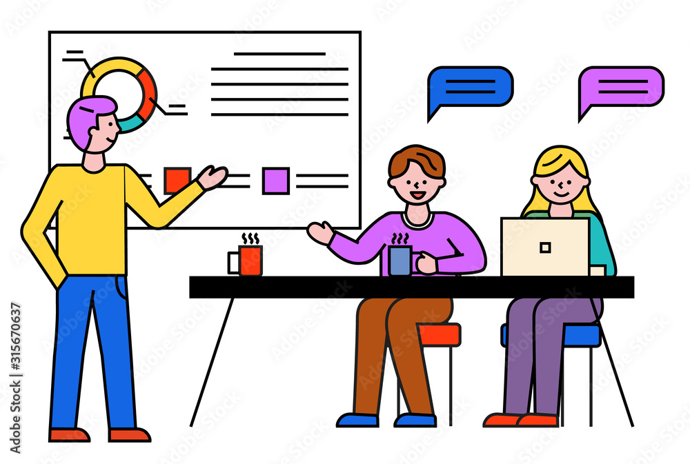 Poster business consultation. man and woman work in team on seminar. people listening to coach discussing o