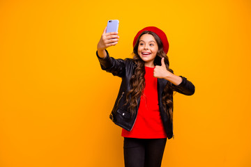 Portrait of her she nice attractive glad cheerful cheery long-haired girl taking making selfie...