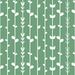 Seamless floral background with white herb strings on light blue-green background. Ivy pattern.