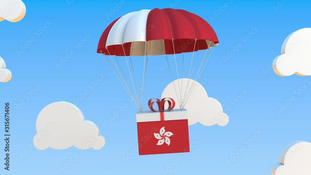 Aufkleber box with national flag of hong kong falls with a parachute. loopable conceptual 3d animation