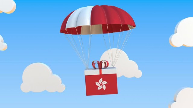 Box with national flag of Hong Kong falls with a parachute. Loopable conceptual 3D animation