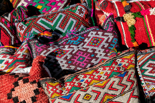 Colorful Moroccan cushions with traditional Berber design.