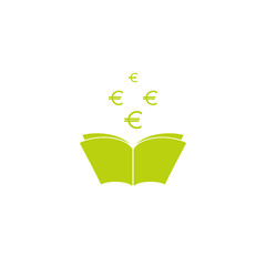 Green Open book with green euro signs flying out isolated on white.