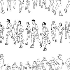 Seamless pattern of outlines group townspeople jogging