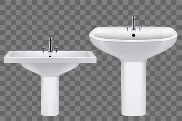Set of Classic ceramic rectangle and oval washbasins with water tap. Porcelain washstand. Sample sink with faucet For Bathroom and Restroom. Vector Illustration on transparent background.