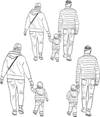 Fototapeta na wymiar Vector contour drawings of young parents with their child walking on a stroll