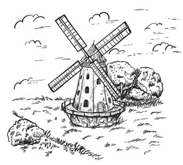 Windmill. Hand drawn sketch of mill. Engraving vintage style vector illustration.