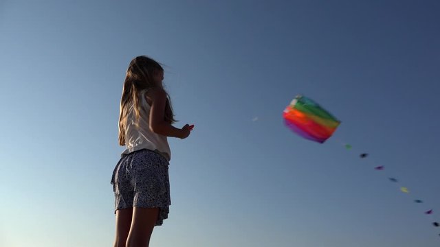 Child Playing Flying Kite, Kid on Beach at Sunset, Happy Little Girl, Coastline