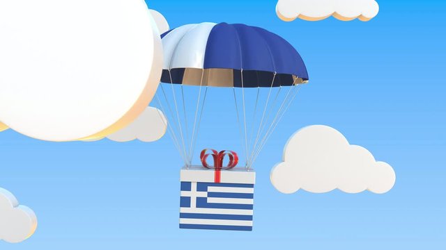 Box with national flag of Greece falls with a parachute. Loopable conceptual 3D animation