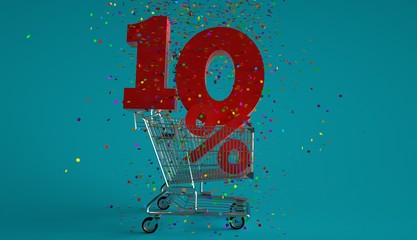 10 percent red logo with colorful confetti rain in shopping cart Discount Concept 3d Illustration © Sound and Vision