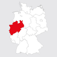 North rhine-westphalia province highlighted germany map. Gray background. German political map.