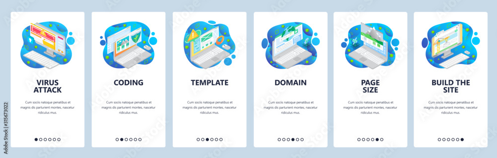 Poster cyber security, virus attack, coding, domain, isometric icons. mobile app onboarding screens. menu v
