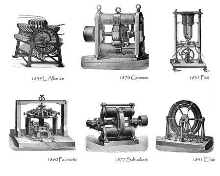 Collection of Electricity machine (dynamo electric) / motor machine / vintage antique illustration from Brockhaus Konversations-Lexikon 1908