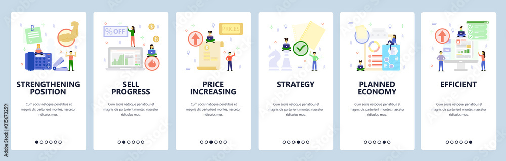 Poster business icons. mobile app onboarding screens. menu vector banner template for website and mobile de
