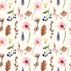 fresh and dried flower watercolor seamless pattern