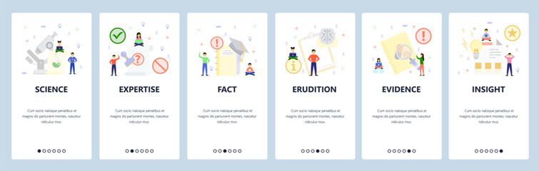 Science and education icons. Mobile app onboarding screens. Menu vector banner template for website and mobile development. Web site design flat illustration