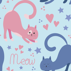 Seamless pattern. Cute cartoon cats on a colored background. Flat vector illustration.