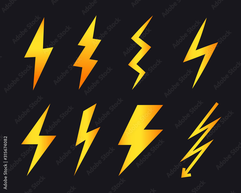 Poster Set of Vector Lightning icons. Simple flat symbol Lightning bolt. Thunderbolt, lightning strike.
