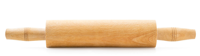 Wooden rolling pin for dough on a white background.