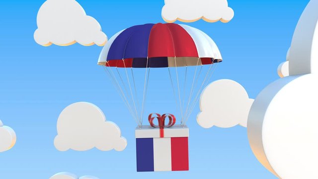 Box with national flag of France falls with a parachute. Loopable conceptual 3D animation