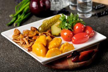 Assorted pickled vegetables pickled herring, chopped chives with potato, peppers, cucumbers, tomatoes, capers, salt and herbs. Set of vegetables snacks for alcohol vodka. Russian traditional cuisine.