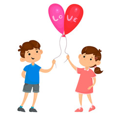 boy and girl hold balloons, heart made of balloons