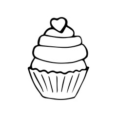 Cupcake with a heart isolated on white, Valentine's day concept. Vector hand-drawn illustration.