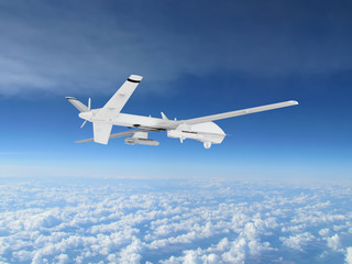 military UAV airplane flies against backdrop of beautiful clouds on blue sky background