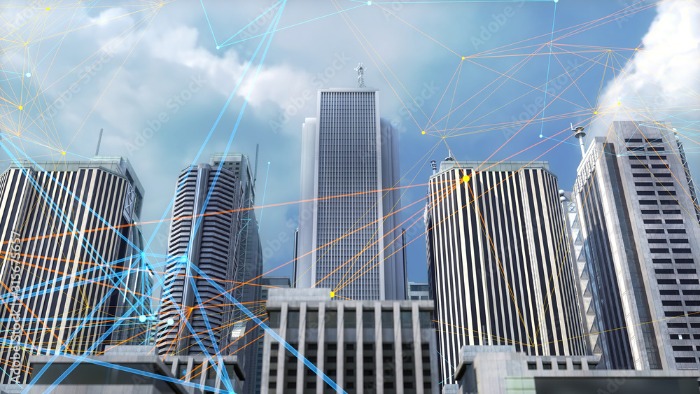 Poster 3d technology background with city skyscrapers and plexus.