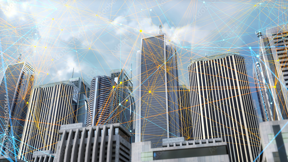 Poster 3d technology background with city skyscrapers and plexus.