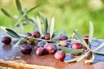 Foto op Plexiglas ripe violet olives with leaves on the wooden background © fox17