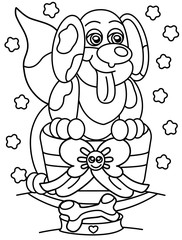 Coloring book with a dog. A dog climbs out of a gift box in front of a dog a bowl of bone. Coloring book for children. Page from a children's coloring.