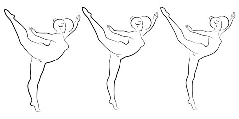 Collection. Silhouette of a cute lady, she is engaged in rhythmic gymnastics with a ball. The woman is overweight and a slender girl athlete. Vector illustration set