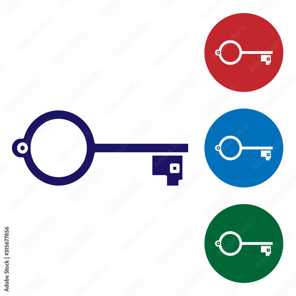 Aufkleber blue ancient key for game icon isolated on white background. set color icons in circle buttons. vect