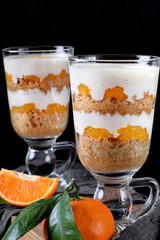 Trifle dessert with cake crumbs, mandarin confit and custard served in the tall glass. English...