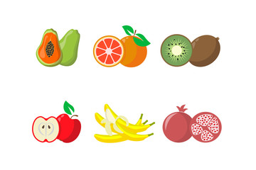 Papaya, grapefruit, kiwi, apple, banana, pomegranate on white background. Whole and halved fruits
