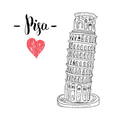 Leaning Tower of Pisa hand drawn sketch with lettering. vector illustration