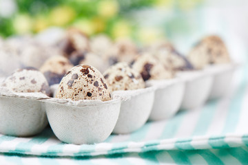 Quail eggs on wooden table with festive flowers decoration for Easter close up