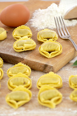 Tortellini with ricotta and spinach stuffing, traditional italian handmade pasta, selective focus