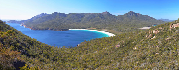 View over turquoise waters of Wineglass Bay, Freycinet National Park, Tasmania, Australia