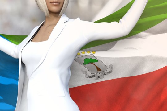 beautiful business lady holds Equatorial Guinea flag in hands behind her back on the office building background - flag concept 3d illustration