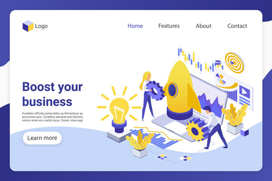 Business boost isometric landing page vector template. Businesspeople, male and female entrepreneurs faceless characters. Project development, company promotion web banner homepage design layout