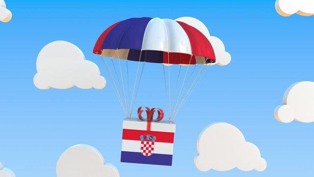 Box with national flag of Croatia falls with a parachute. Loopable conceptual 3D animation