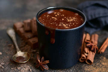 Delicious winter drink spicy hot chocolate with cinnamon and anise.