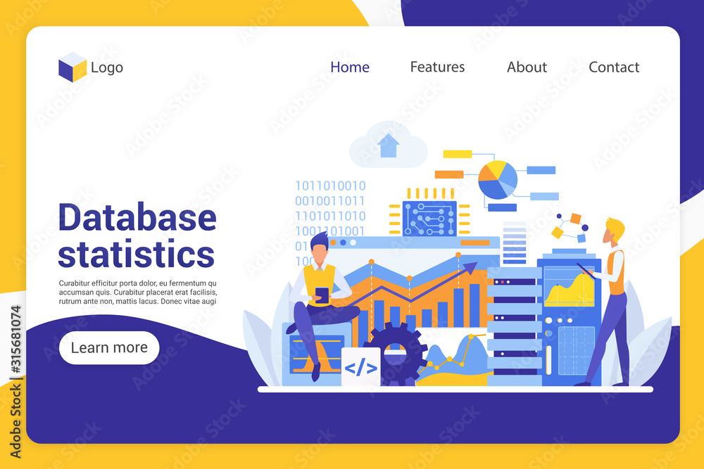 Poster database statistics flat landing page vector template. office managers, analysts faceless characters