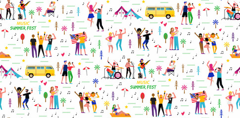Seamless pattern for the music summer festival. Open-air live performance in the outdoor suburban landscape.